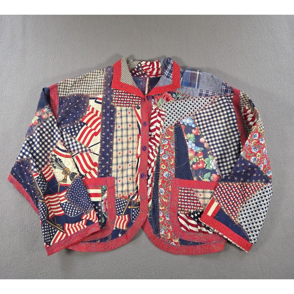 Vintage Patchwork Jacket Womens Medium Quilted USA Flag Handmade Cropped
